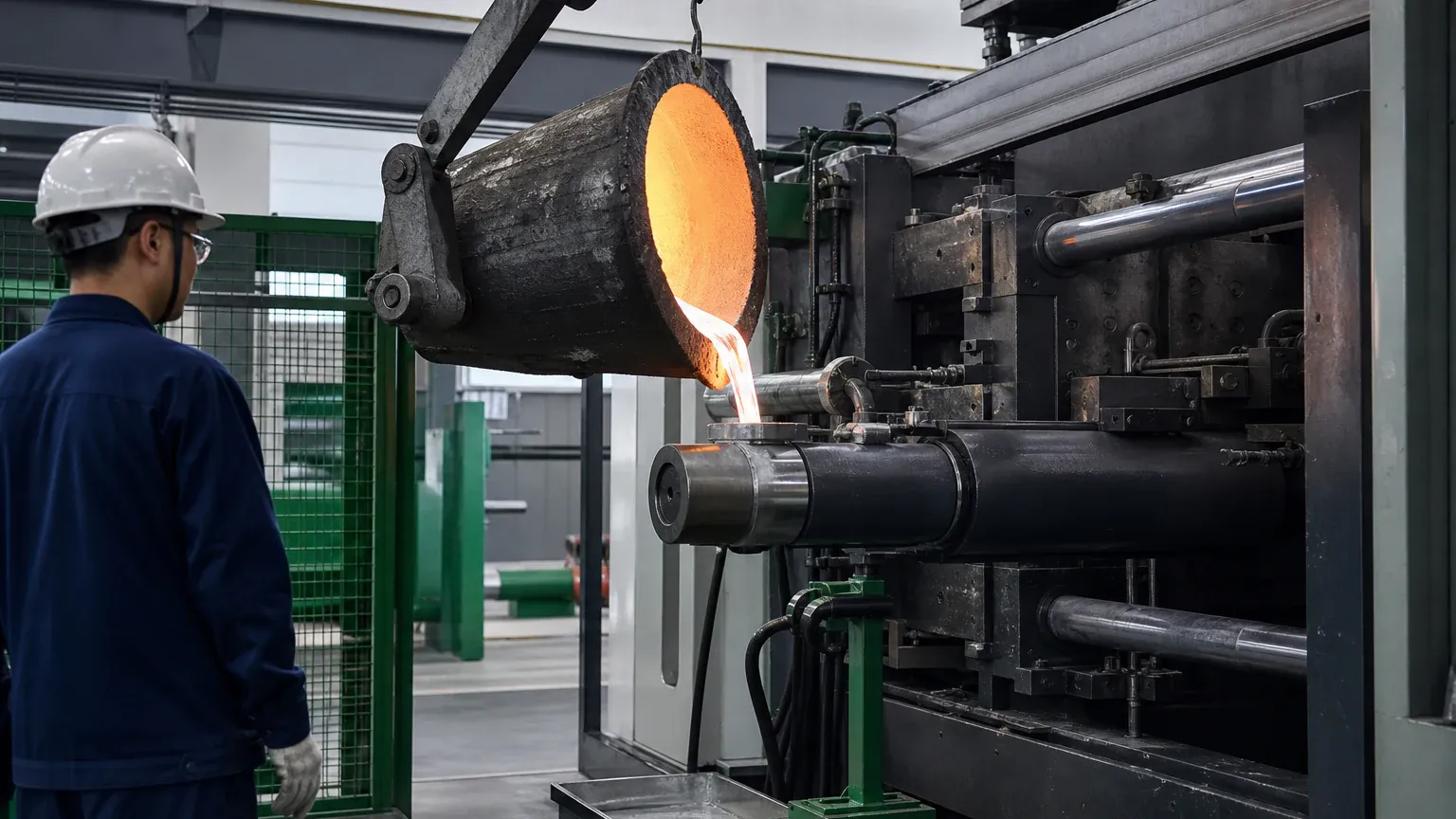 Molten aluminum dosed into a cold chamber die casting shot sleeve