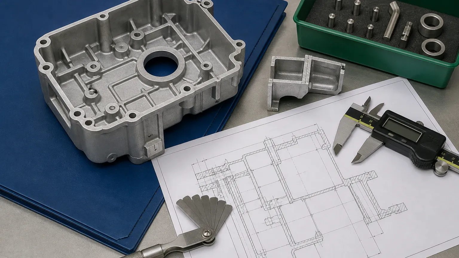 Die casting design review with ribbed housing, drawing and measuring tools