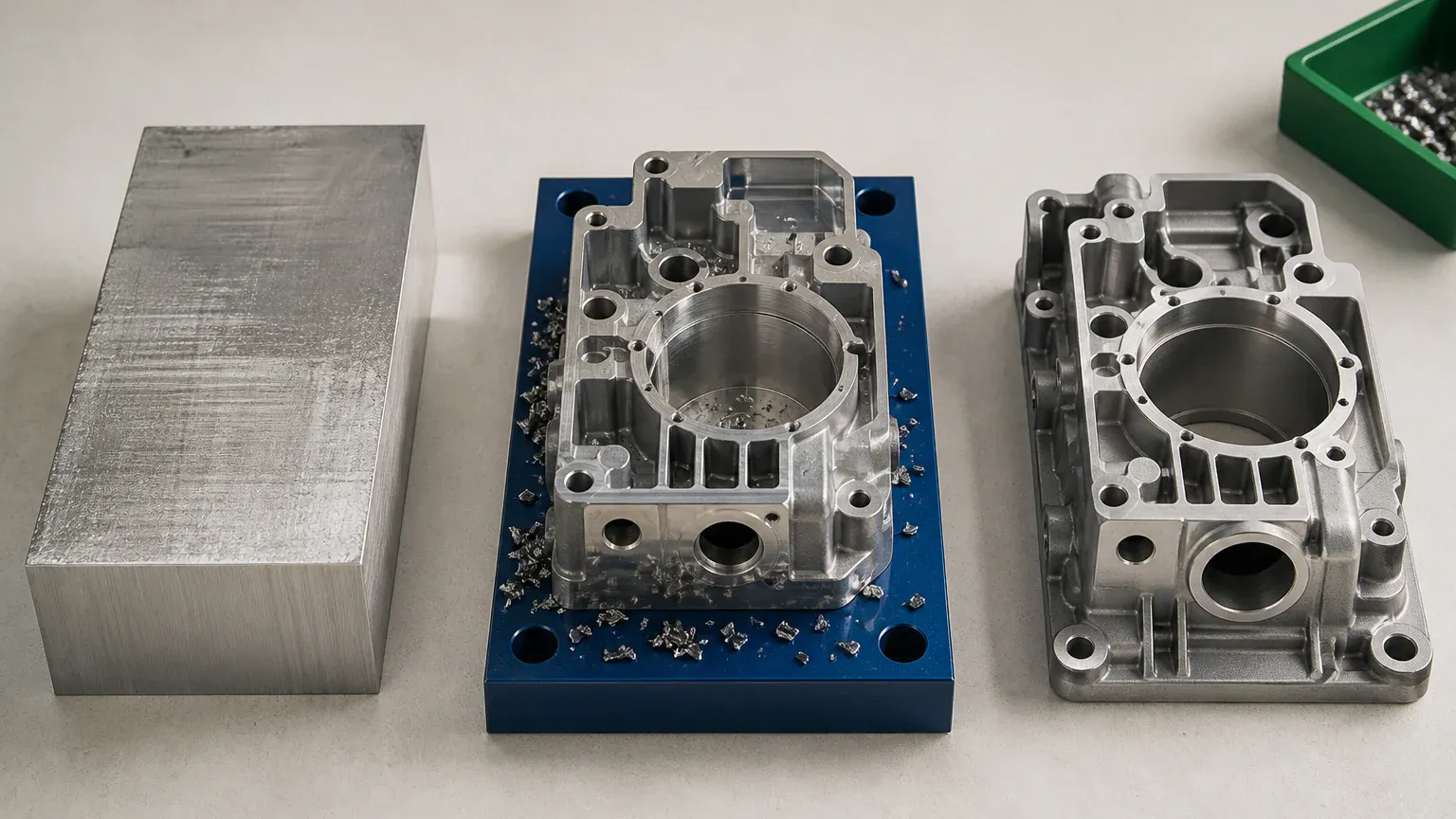 Die cast aluminum housing compared with a CNC machined housing and billet