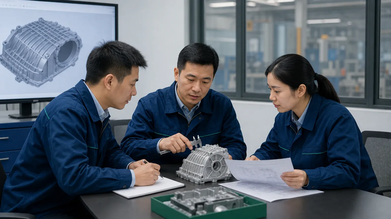 Manufacturing engineers reviewing an aluminum die casting design