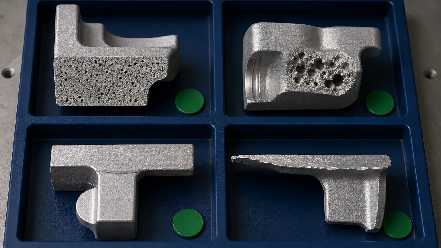 Macro comparison of porosity, cold shut and flash defects in aluminum castings