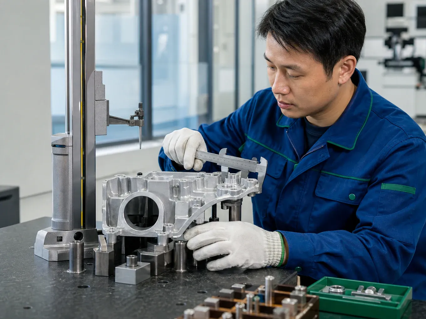 Quality engineer measuring an aluminum die cast component