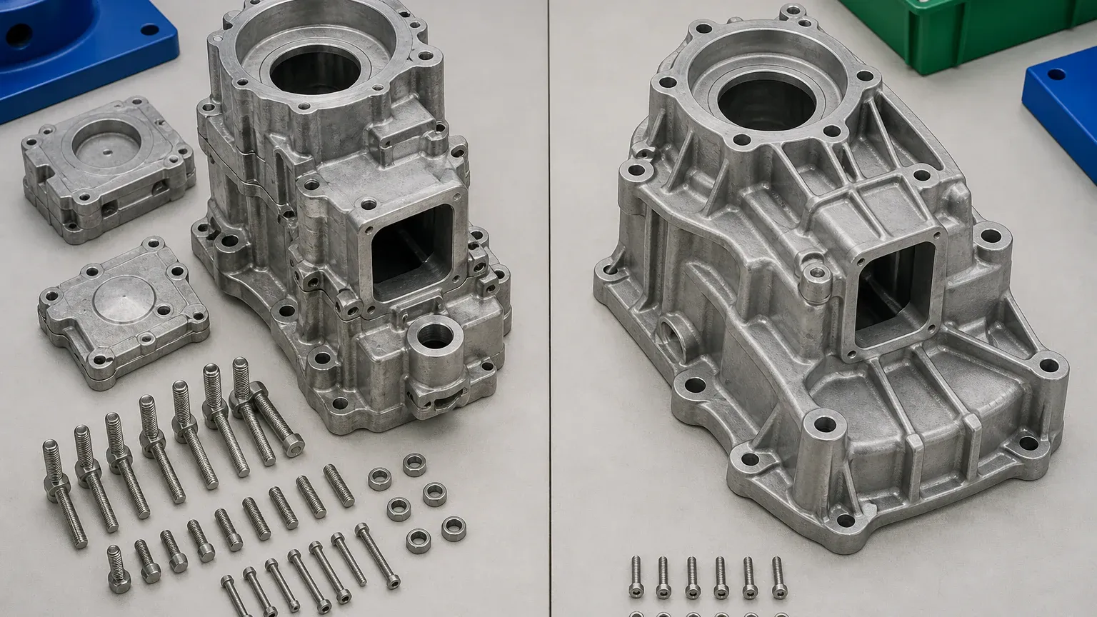 Heavy aluminum housing compared with an optimized ribbed die casting
