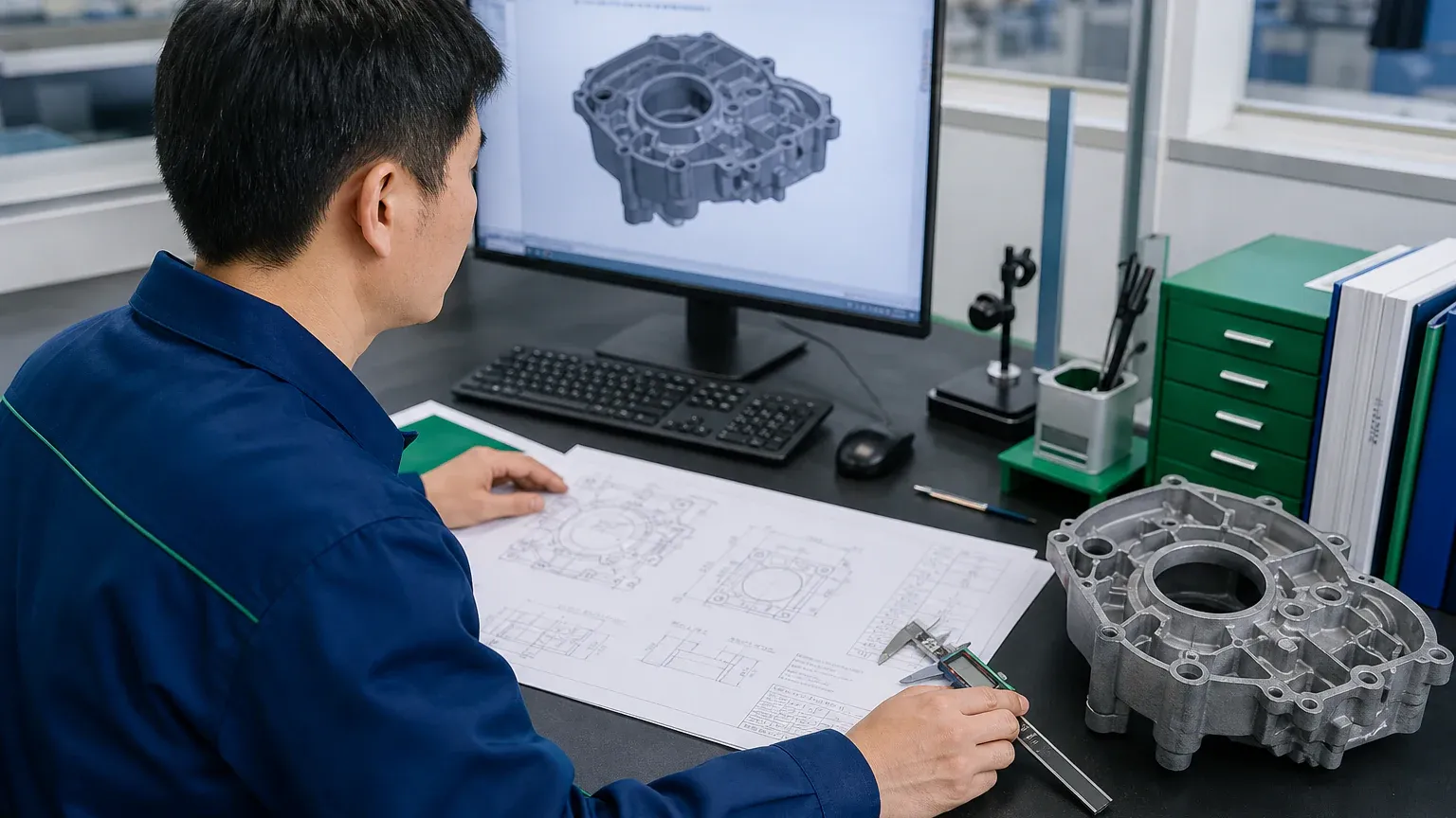 Manufacturing engineer reviewing a customer CAD model and drawing