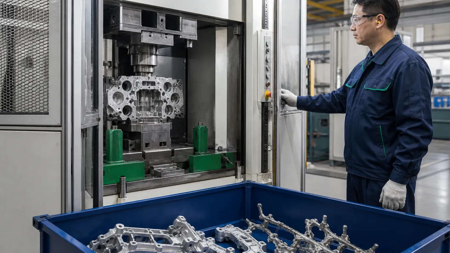 Trim press removing runners and flash from aluminum die cast parts